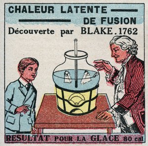 Calorimetrie: de latente warmte van fusie ontdekt door Joseph Black (1728-1799) in 1761-1762. Resultaat voor ijs. Anonieme illustratie uit 1925. Privécollectie