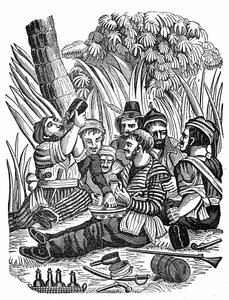 De bemanning van kapitein Bartholomew Roberts rust uit bij de rivier de Oude Calabar, eind 17e eeuw. Gravure uit “The pirate own book” 1837