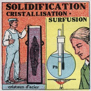 Veranderingen in toestanden: solidificatie en kristallisatie. Vorming van staal kristallen en superkoeling van fosfor. Anonieme illustratie uit 1925. Privécollectie. door Anonymous Anonymous