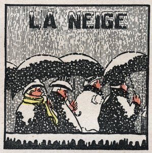 Veranderingen in toestanden: stolling en kristallisatie. Sneeuw wordt gevormd uit fijne waterdruppels die stollen en kristalliseren. Anonieme illustratie uit 1925. Privécollectie