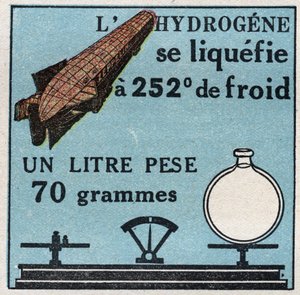 Veranderingen in toestanden: dampen. Waterstofvervloeiing heeft 252 graden kou. Anonieme illustratie uit 1925. Privécollectie