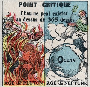 Veranderingen in toestanden: dampen. Water kan niet bestaan boven 365 graden (kritiek punt). Anonieme illustratie uit 1925. Privécollectie.