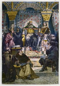 Karel de Grote op zijn troon, presiderend over de Paleisacademie - gravure uit L