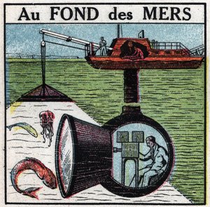 Cinematograaf: een film opnemen op de bodem van de zee. Anonieme illustratie uit 1925. Privécollectie. door Anonymous Anonymous