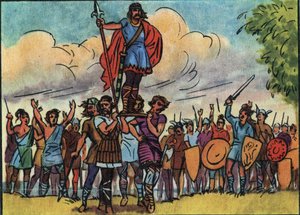 Clovis (koning van de Franken van 481 tot 511) werd tot koning gekozen door de Salische Franken die hem op het schild droegen terwijl ze door het kamp trokken. Anonieme illustratie in 