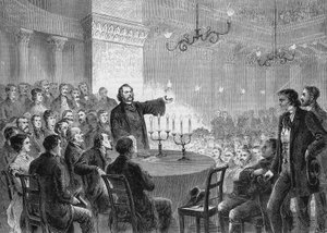 Conferentie van hervormer Johannes (Jean) Ronge (1813-1887) in Wenen in 1868. Hij stichtte de Universele Christelijke Kerk. Gravure uit 1868. Privécollectie.