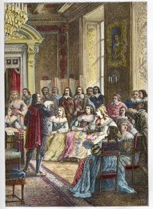 Corneille leest zijn tragedie Polyeucte voor in het Hotel de Rambouillet voor Catherine de Vivonne, Markiezin van Rambouillet en in aanwezigheid van de ruiters en mannen van de kerk (Bossuet was ook een van de habitués van de Blauwe Kamer) - Pierre door Anonymous Anonymous