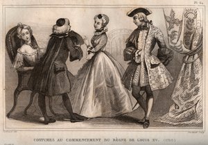 Kostuums aan het begin van het bewind van Lodewijk XV (1720). Gravure uit 1859 in Le Monde. Geschiedenis van alle volkeren vanaf de vroegste tijden tot heden. door M. E. de Lostalot-Bachoue. Privécollectie. door Anonymous Anonymous