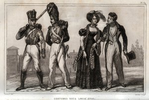 Kostuums onder Lodewijk XVIII. Gravure uit 1859 in 
