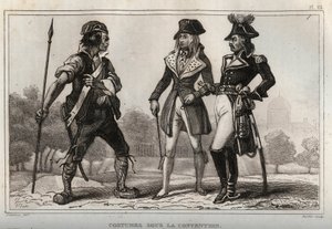 Kostuums onder de Conventie. Gravure uit 1859 in Le Monde. Geschiedenis van alle volkeren vanaf de vroegste tijden tot heden. door M. E. de Lostalot-Bachoue. Privécollectie. door Anonymous Anonymous