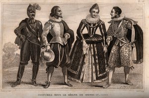 Kostuums onder het bewind van Hendrik IV (1590). Gravure uit 1859 in Le Monde. Geschiedenis van alle volkeren vanaf de vroegste tijden tot heden. door M. E. de Lostalot-Bachoue. Privécollectie. door Anonymous Anonymous