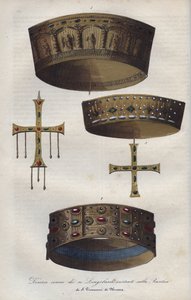 Kronen van de Soevereinen van het Lombardische Koninkrijk (568-774), bewaard in de Basiliek van Sint Jan van Monza - Verschillende kronen van de Lombardische koningen bewaard in de Basiliek van San Giovanni di Monza - gravure uit 