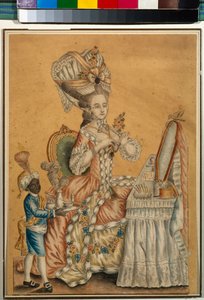 Dame aan haar toilettafel met een zwarte jongen die haar bedient - Anoniem, Aquarel op papier circa 1770 - Staats Tretyakov Galerij, Moskou