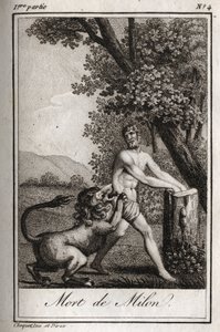 Dood van Milon de Crotone (Milo van Croton) verslonden door een wolf. Gravure uit 1819 in "Lettres à Emilie sur la mythologie" door Charles Albert Demoustier (1760-1801). Privécollectie. door Anonymous Anonymous