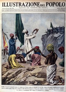 Demonstratie geleid door politiek leider Mohandas Karamchand Gandhi (1869-1948) om te protesteren tegen de Engelse autoriteiten, een ceremonie tijdens de zogenaamde Martelarenmars naar Jalaipur. Illustratie uit L