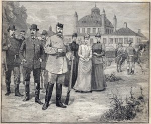 Vertrokken voor de jacht Tsaar Nicolaas II van Rusland (1868-1918) in Fredensborg, Denemarken. Gravure in Le Petit Parisien 1893 door Anonymous Anonymous