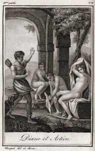 Diana en Actaeon. Diana verrast in het bad door de jager Actaeon. Gravure uit 1819 in 