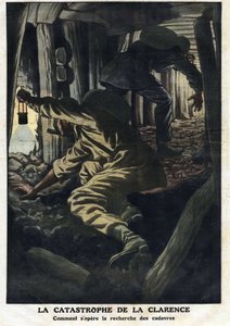 Ramp van de Clarence-mijn (Nord pas de calais): reddingswerkers proberen de lichamen van de slachtoffers van de mijngasexplosie te bergen. Illustratie uit Le Petite Journal 22/09/1912. Privécollectie door Anonymous Anonymous