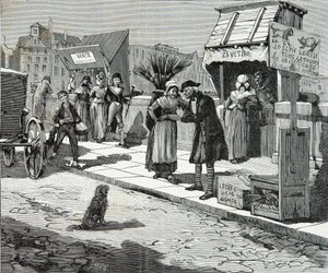 Hondentrimmers op de Pont Neuf in Parijs rond 1796, Gravure, Privécollectie door Anonymous Anonymous