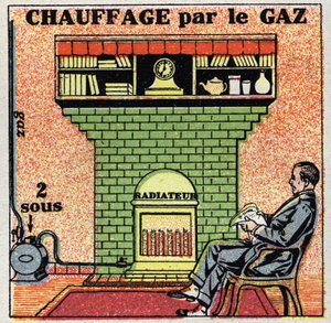Huishoudelijke verwarming: gasverwarming. Anonieme illustratie uit 1925. Privécollectie. door Anonymous Anonymous