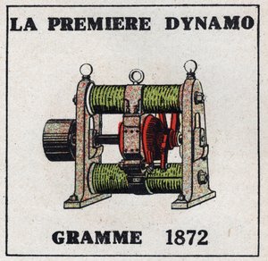 Dynamo: de eerste dynamo uitgevonden door Zenobe Theophile Gram (1826-1901) in 1872. Anonieme illustratie uit 1925. Privécollectie.