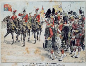 Edward VII (1841-1910) koning van Engeland inspecteert de Schotse Hooglanders Illustratie uit de illustere bijlage van het Little Diary 1905 Privécollectie