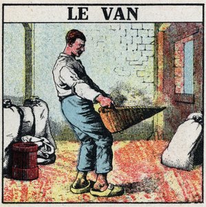 Elektrische gereedschappen: de mand of rieten mand gebruikt om graan te vegen voor de uitvinding van elektrische machines. Anonieme illustratie uit 1925. Privécollectie. door Anonymous Anonymous