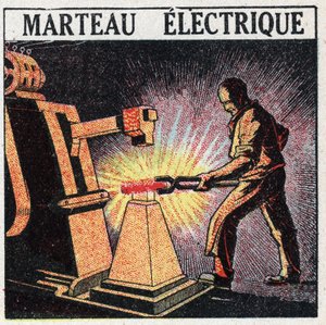 Elektrische gereedschappen: elektrische hamer. Anonieme illustratie uit 1925. Privécollectie. door Anonymous Anonymous