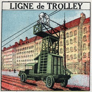 Elektrische trams: een trolleylijn. Anonieme illustratie uit 1925. Privécollectie. door Anonymous Anonymous