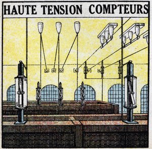 Elektrische lijnen: hoogspanningsmeters. Anonieme illustratie uit 1925. Privécollectie.