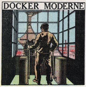 Elektrische gereedschappen: moderne havenarbeider (jaren 1920). Anonieme illustratie uit 1925. Privécollectie.