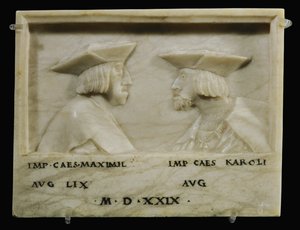 Keizer Maximiliaan I en zijn kleinzoon Keizer Karl V ... (albast) door Anonymous Anonymous