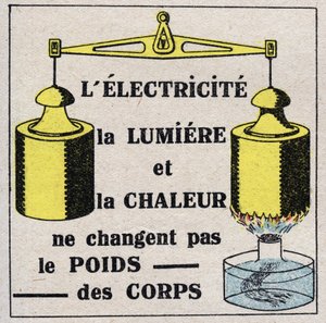 Ether (materiaal): Elektriciteit, licht en warmte veranderen het lichaamsgewicht niet. Anonieme illustratie uit 1925. Privécollectie.