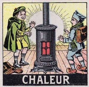 Ether (materiaal): twee kinderen verwarmd door de warmte van een kachel. Anonieme illustratie uit 1925. Privécollectie door Anonymous Anonymous