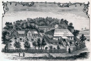 Buitenaanzicht van de pastorie en school van Hell Ville, hoofdstad van het eiland Nosy Be in Madagaskar. Gravure in 