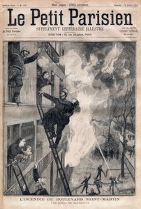 Brandweerman van Parijs: reddingsscène tijdens de brand van Boulevard Saint-Martin. Gravure in “Le petit Parisien” uit 1891. Privécollectie door Anonymous Anonymous