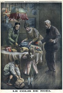 Eerste Wereldoorlog 1914-1918. Kerstcadeau: Kinderen ontvangen en pakken pakketten uit die ze van hun vader op het slagveld hebben ontvangen op kerstavond. In 