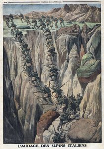 Eerste Wereldoorlog 1914-1918. Italiaanse soldaten beklimmen de top van de Cauriol in de Fiemme Alpen in Italië. In 