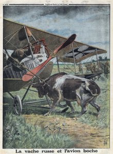 Eerste Wereldoorlog 1914-1918. Koe in Rusland verhindert een Duits leger vliegtuig om op te stijgen. In 