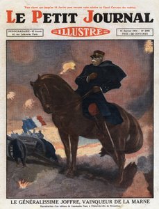Eerste Wereldoorlog: portret van Generaal Joseph Joffre (1852-1931) te paard, afgebeeld als overwinnaar op het slagveld van La Marne (september 1914) Illustratie naar een schilderij van Constantine Font. Gravure uit "Le petit journal illustré" van 1931.