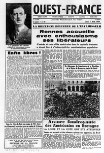 Eerste uitgave van West-Frankrijk van 7 augustus 1944: La La La La Bevrijding in het westen van Frankrijk en generaal de Gaulle - foto, B.N.