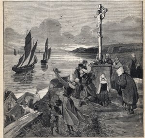 Vissen in IJsland: de vissers vertrekken uit Bretagne. Gravure in 