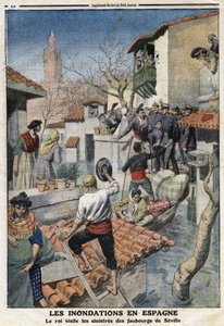 Overstromingen in Spanje: Koning Alfonso XIII (1886-1941) bezoekt de sinistere buitenwijken van Sevilla. Gravure in Le Petite Journal, op 25/02/1912. Privécollectie. door Anonymous Anonymous