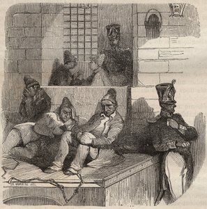 Forcat rustend in de bagne van Rochefort in de 19e eeuw. Gravure in “Histoire des bagnes depuis leur création à nos jours” (1877)