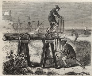 Forcats zaagwerkers van het Saint-Laurent-penitentiair in Cayenne (Frans-Guyana) in de 19e eeuw. Gravure in 