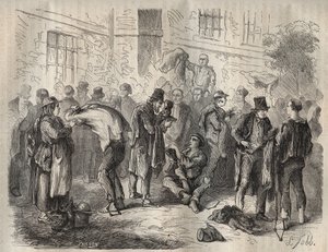 Gevangenen verkopen hun bezittingen voordat ze de Toulon Bagne binnengaan in de 19e eeuw. Gravure in Histoire des bagnes depuis leur création à nos jours (1877) door Pierre Zaccone. Privécollectie. door Anonymous Anonymous
