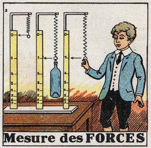 Krachten: gebruik van veren genaamd dynamometers om krachten te meten. Anonieme illustratie uit 1925. Privécollectie. door Anonymous Anonymous