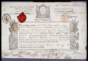 Franse Revolutie: officieel document van militair verlof gedateerd 15 Brumaire jaar V (05/11/1796) van een sergeant uit het district Coutances. Departementale Archieven van Nord Lille