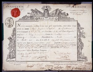Franse Revolutie: officieel document van militaire verlof gedateerd 5 Prairial jaar IV (24/05/1796) van een luitenant van de brigade van het district Cambrai. Departementale Archieven van Nord Lille door Anonymous Anonymous