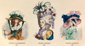 Van links naar rechts: Hoed à la marinière in 1787; Grote kapsel in 1785 en hoed Bonnette in 1786 door Anonymous Anonymous